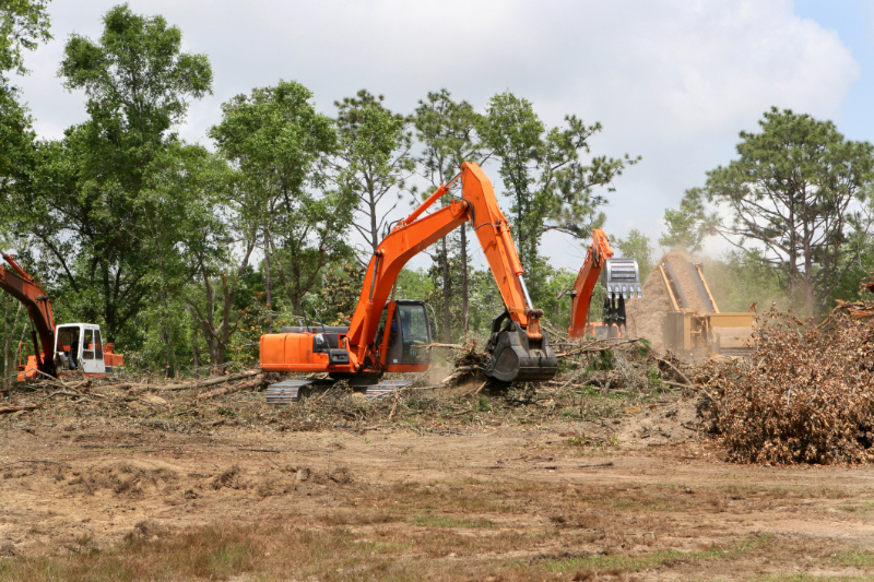 Orange Backhoes Clearing Land for Construction Preparation