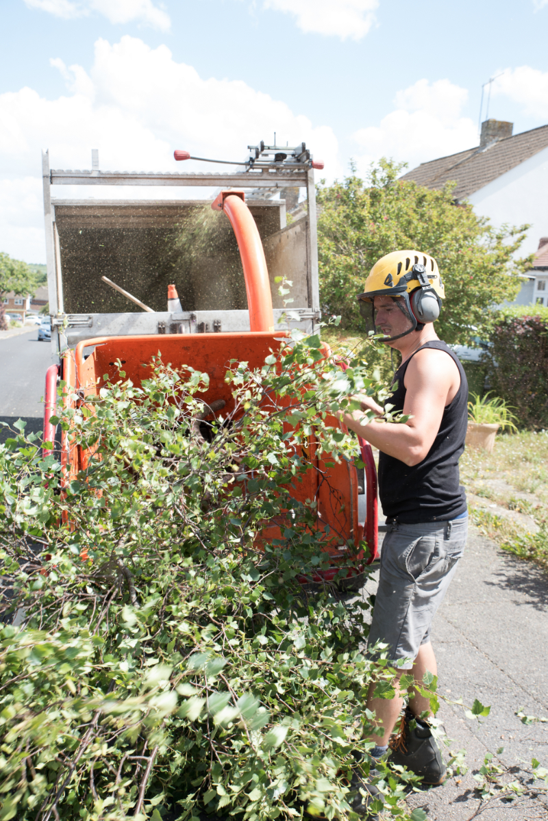 Man feeding brush into a wood chipper along a neighborhood street in De Queen Arkansas